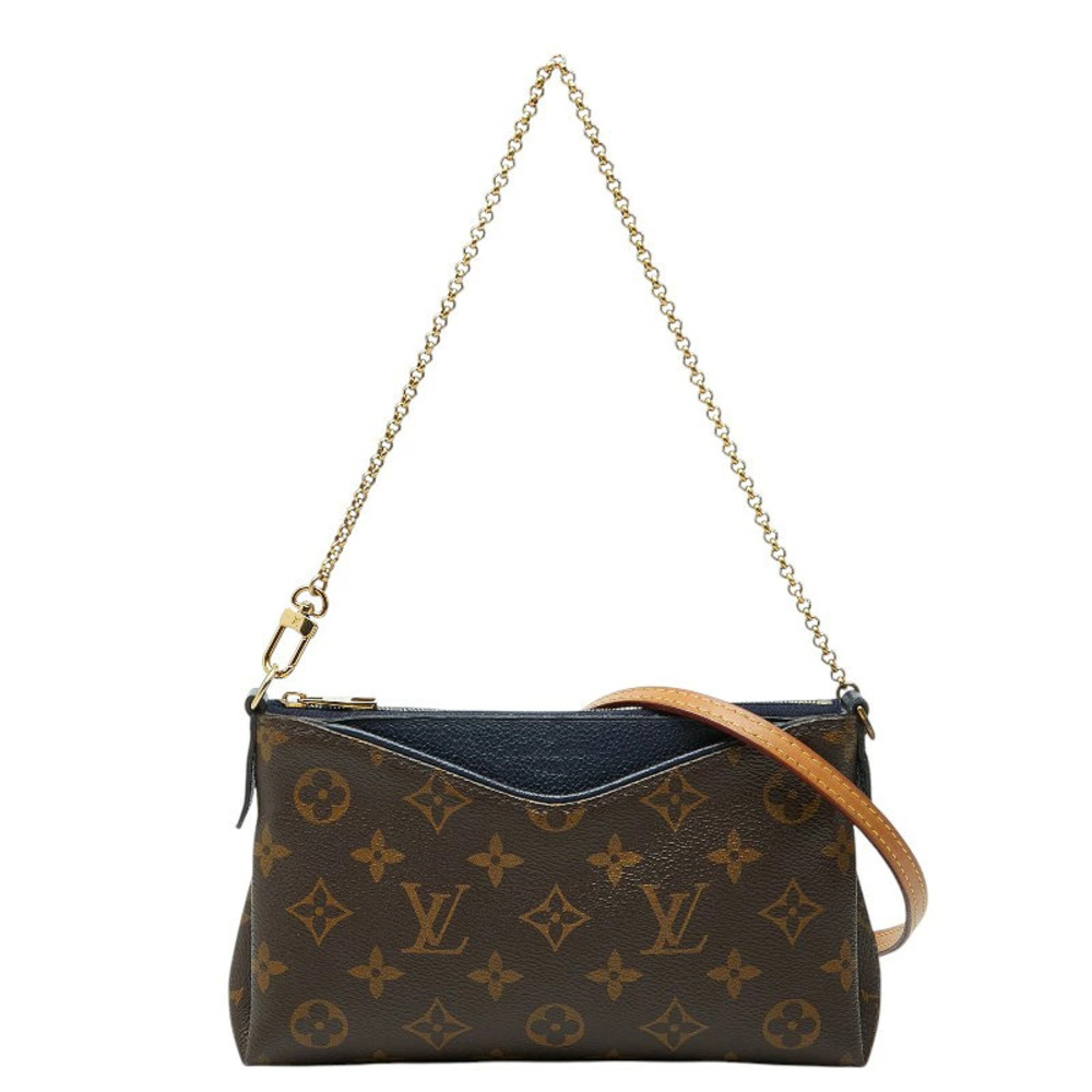 Louis Vuitton Monogram Pallas Clutch Chain Shoulder Bag Brown Navy Blue Leather
